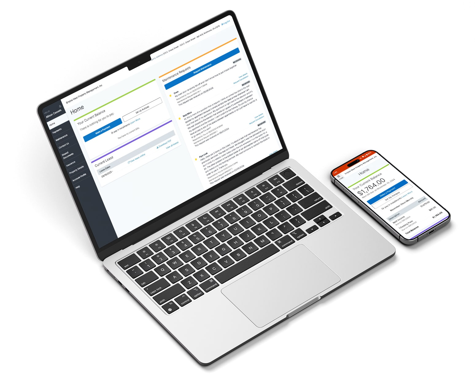 A computer and phone showing the resident portal